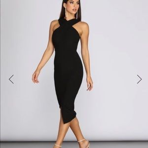 Black front cross body con dress